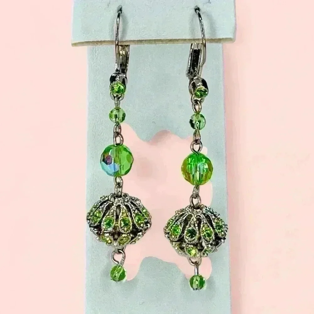 Vintage Long Green Crystal Earrings